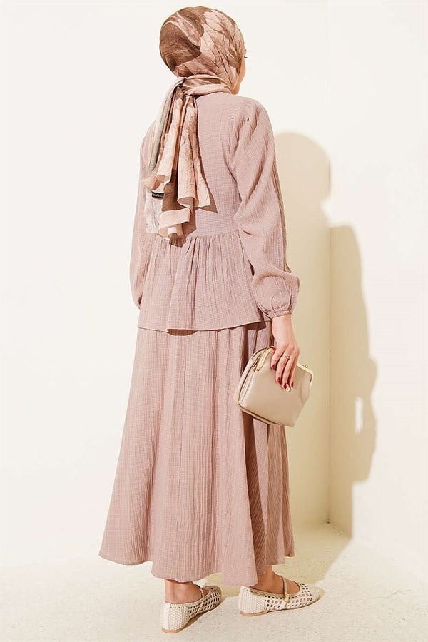Front-Tie Skirt 2 Piece Set with Tree Bark Pattern, Beige