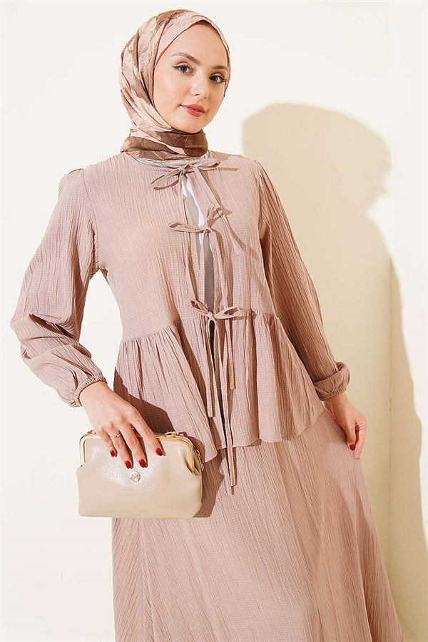 Front-Tie Skirt 2 Piece Set with Tree Bark Pattern, Beige