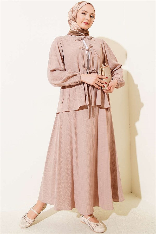 Front-Tie Skirt 2 Piece Set with Tree Bark Pattern, Beige
