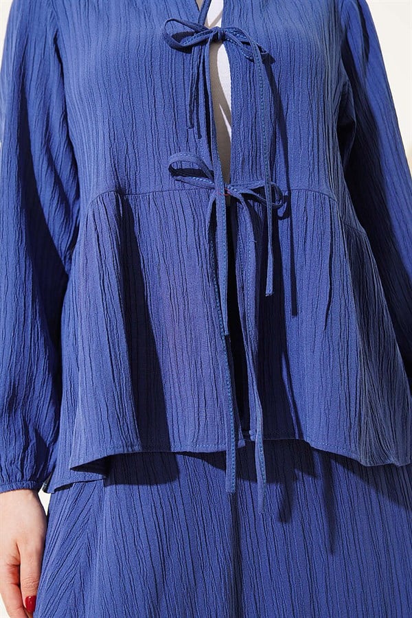 Front-Tie Tree Bark Skirt 2 Piece Set Indigo