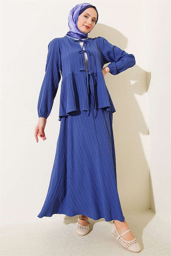 Front-Tie Tree Bark Skirt 2 Piece Set Indigo