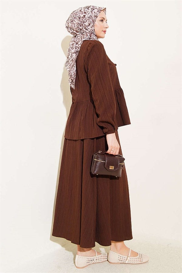 Front-Tie Tree Bark Skirt 2 Piece Set in Coffee Brown