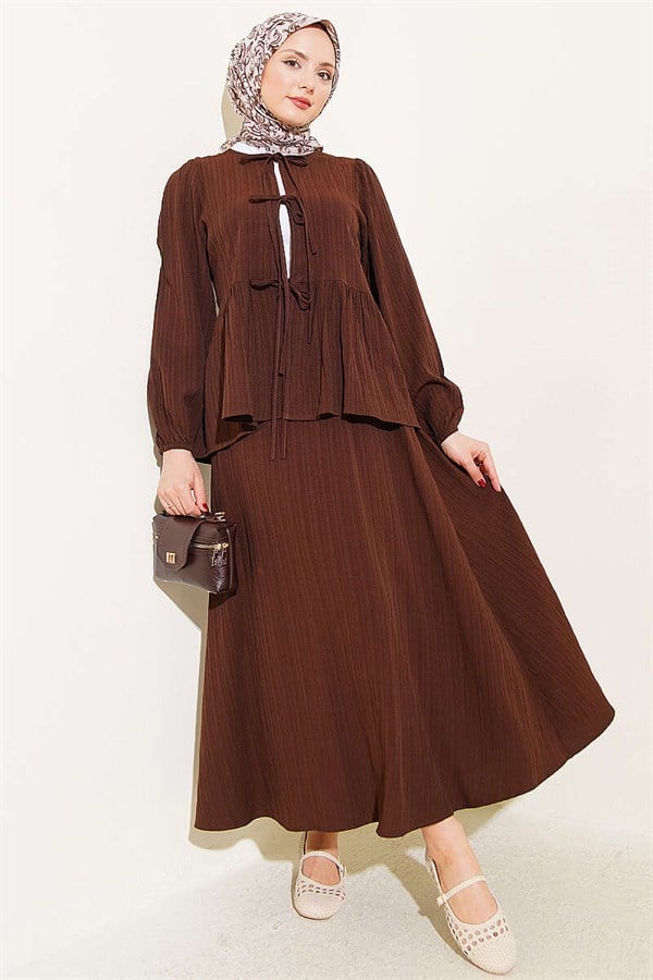 Front-Tie Tree Bark Skirt 2 Piece Set in Coffee Brown