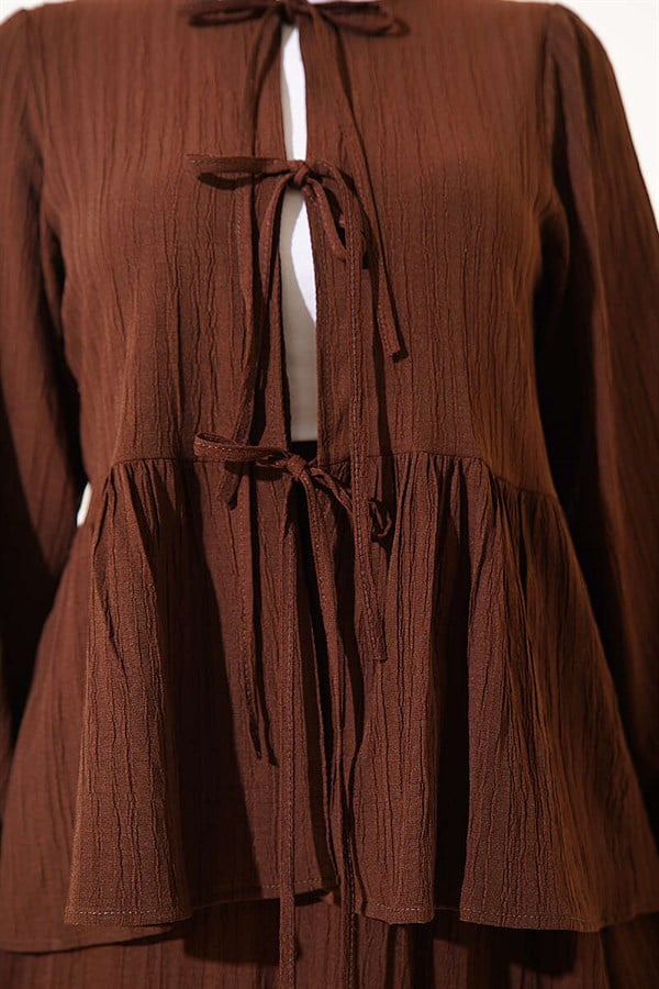 Front-Tie Tree Bark Skirt 2 Piece Set in Coffee Brown