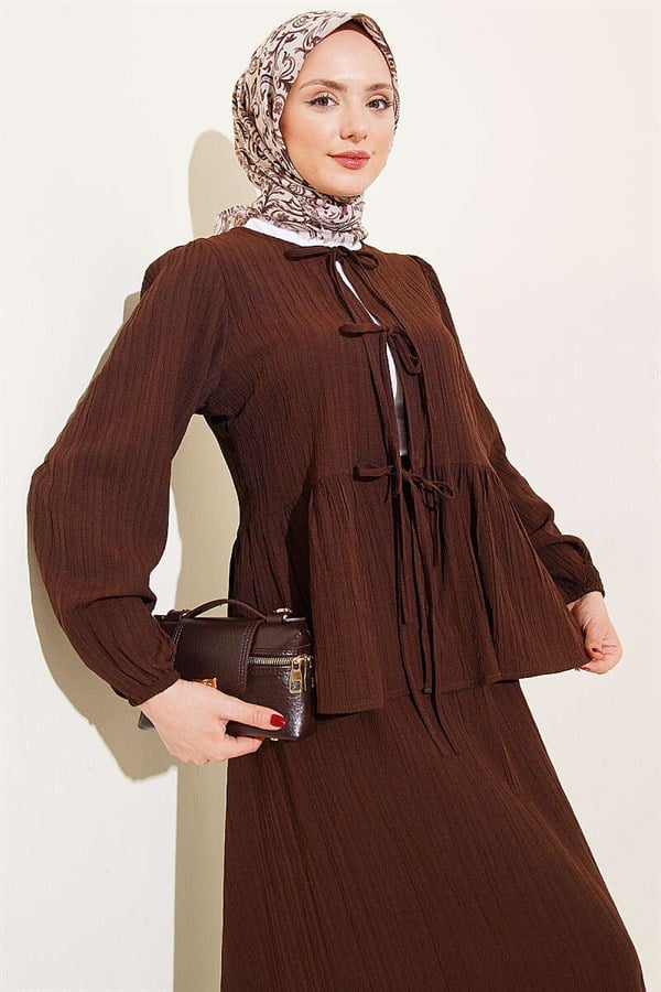 Front-Tie Tree Bark Skirt 2 Piece Set in Coffee Brown