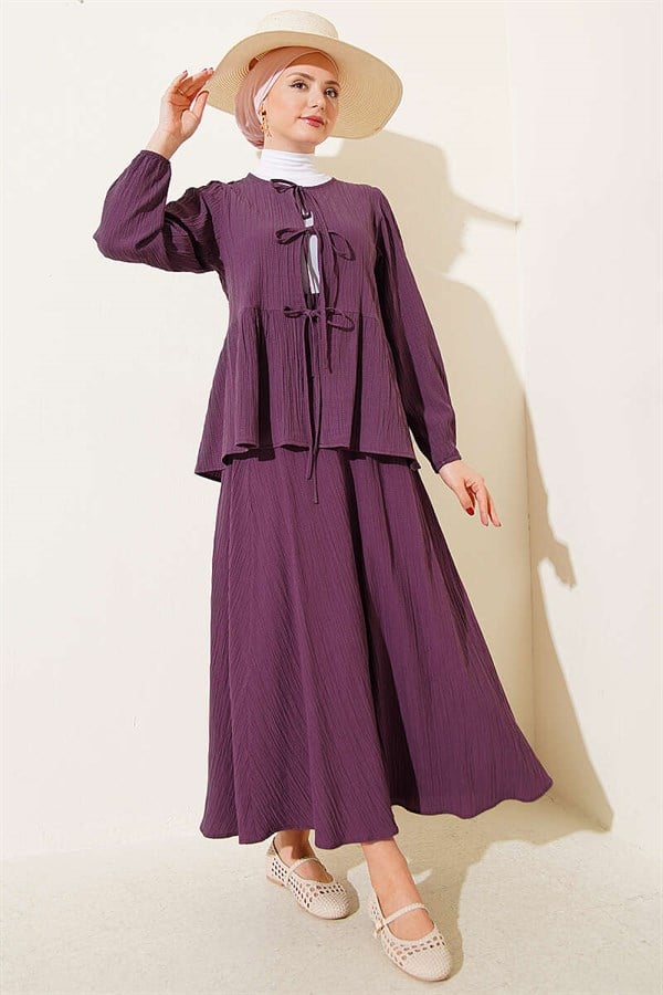 Front-Tie Trimmed Tree Bark Skirt 2 Piece Set, Plum