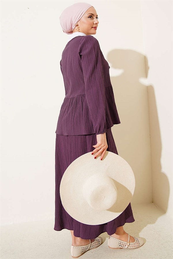 Front-Tie Trimmed Tree Bark Skirt 2 Piece Set, Plum