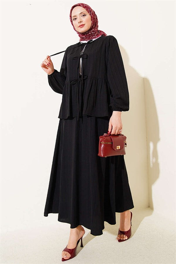 Front-Tie Tree Bark Skirt 2 Piece Set, Black