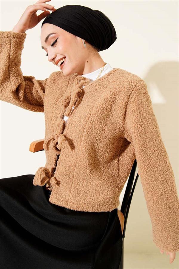 Tie Front Boucle Short Kimono Latte