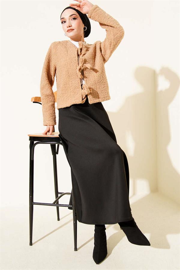 Tie Front Boucle Short Kimono Latte