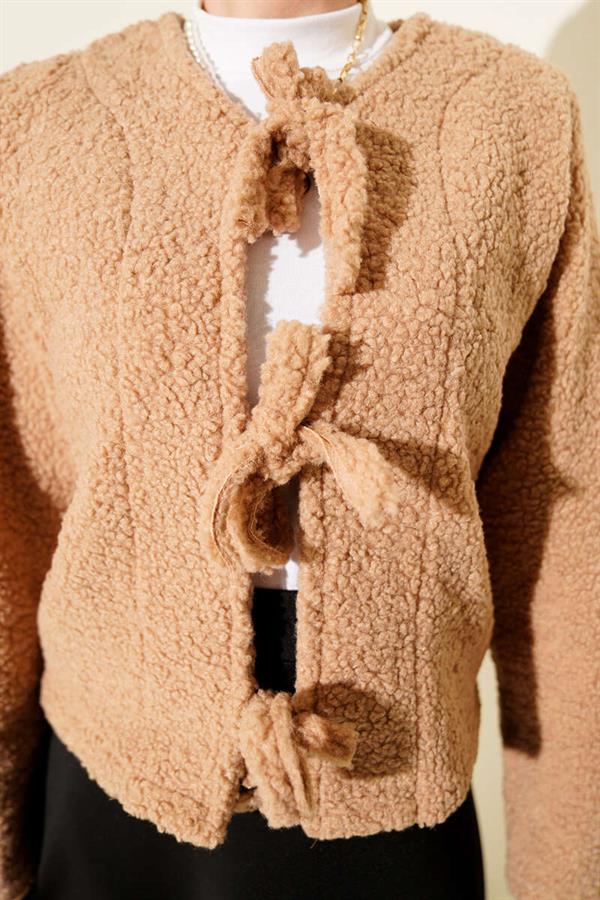 Tie Front Boucle Short Kimono Latte