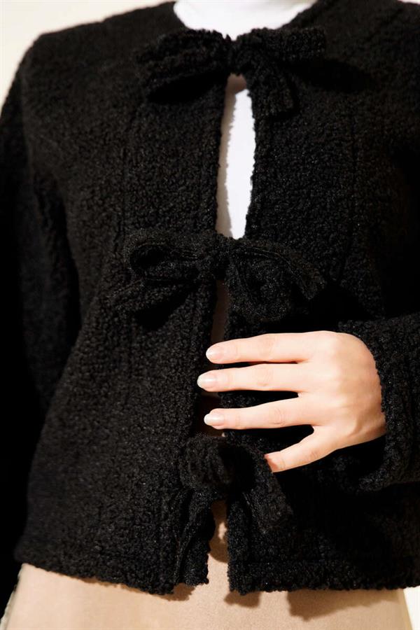 Tie Front Boucle Short Kimono Black