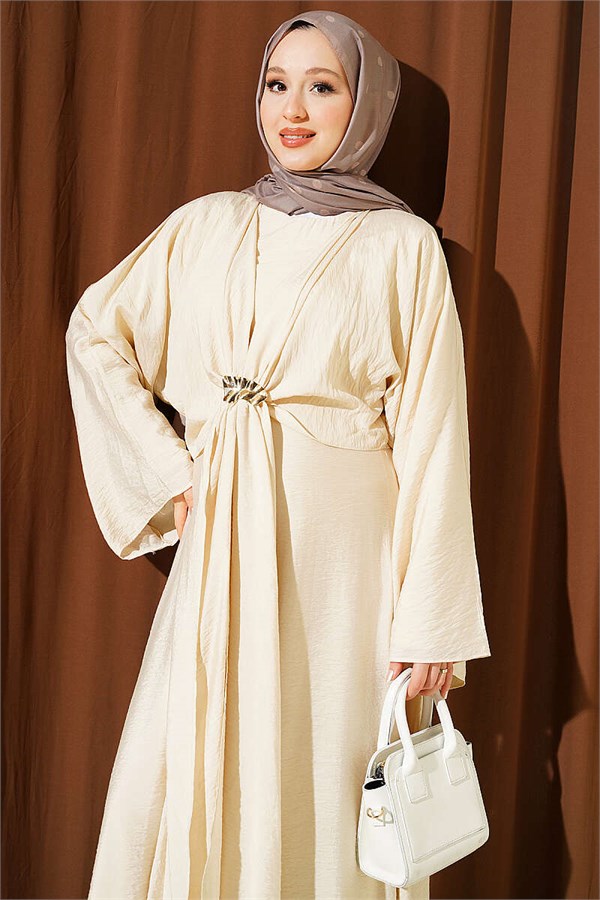 Beige Dress with Gold Buckle and Front Tie