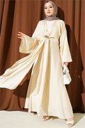 Beige Dress with Gold Buckle and Front Tie