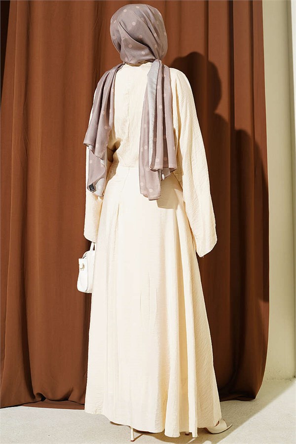 Beige Dress with Gold Buckle and Front Tie