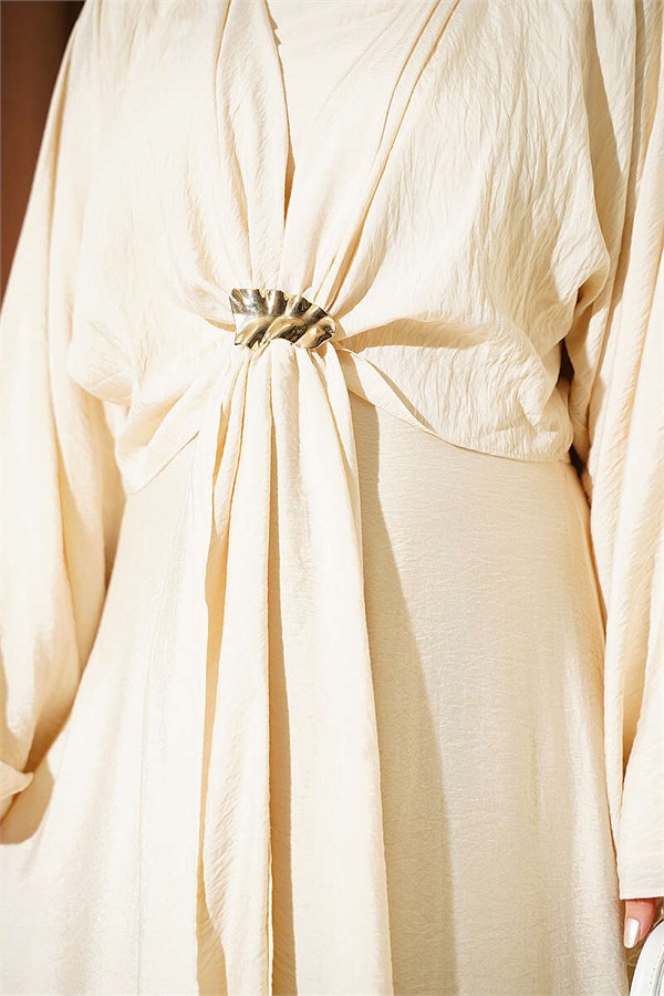 Beige Dress with Gold Buckle and Front Tie