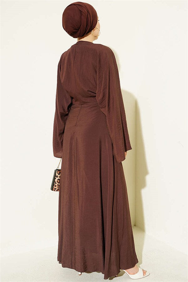 Front-Tie Dress with Gold Buckle, Brown