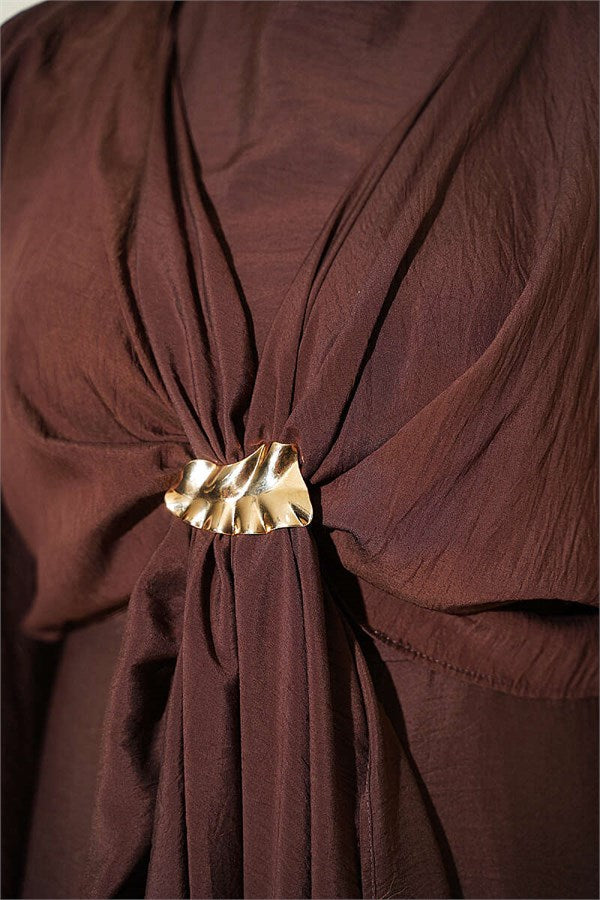 Front-Tie Dress with Gold Buckle, Brown