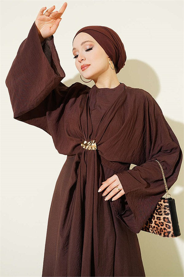 Front-Tie Dress with Gold Buckle, Brown