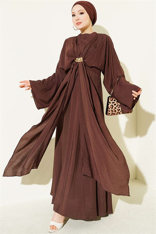 Front-Tie Dress with Gold Buckle, Brown