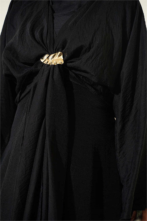 Black Dress with Front Tie and Gold Buckle