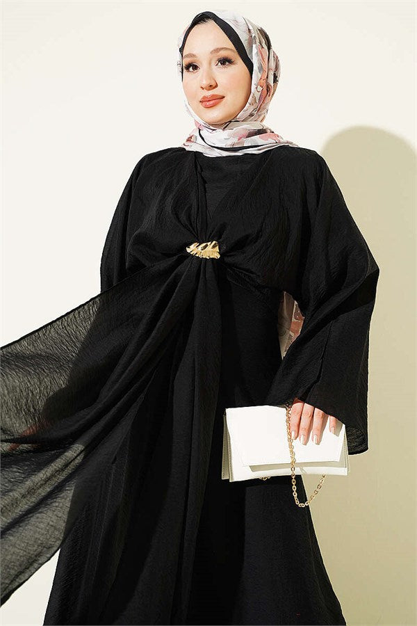 Black Dress with Front Tie and Gold Buckle