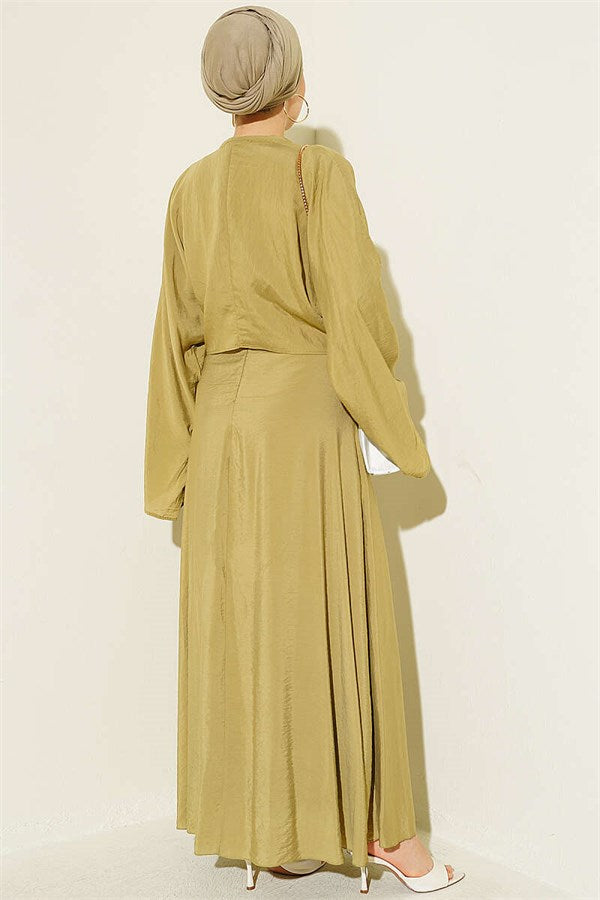 Front-tie dress with gold buckle, olive green.