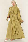 Front-tie dress with gold buckle, olive green.