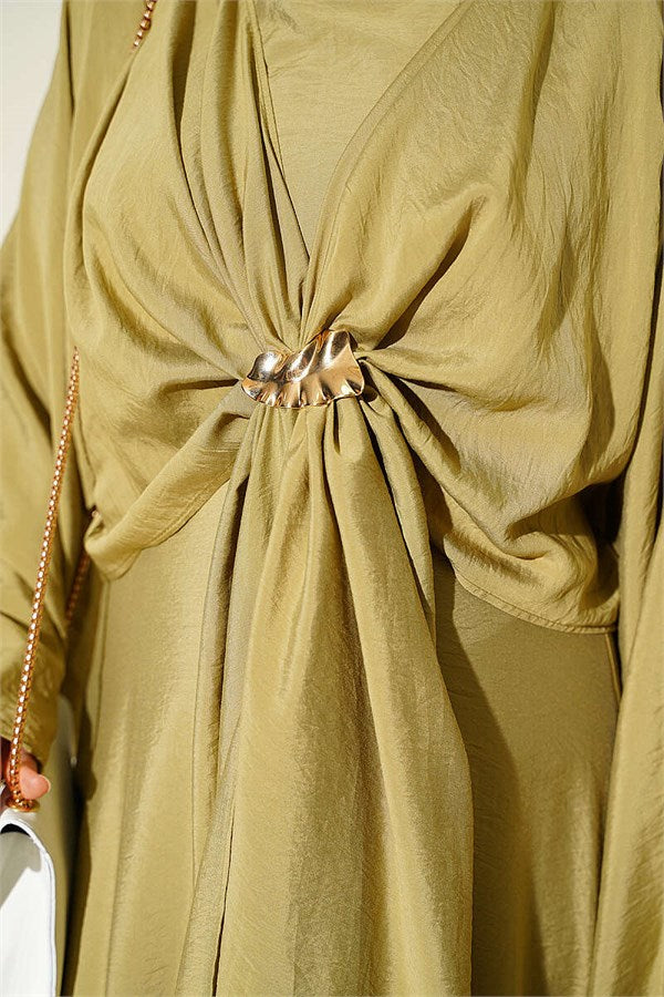 Front-tie dress with gold buckle, olive green.
