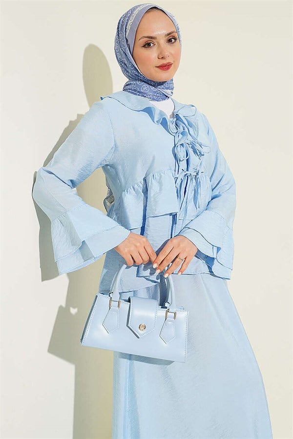 Front-tie, layered ruffled Skirt 2 Piece Set, baby blue.
