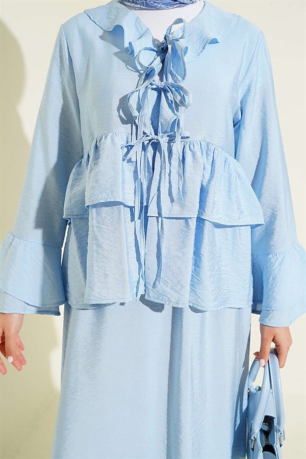 Front-tie, layered ruffled Skirt 2 Piece Set, baby blue.