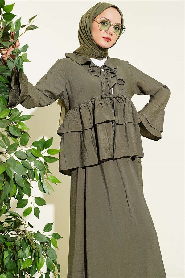 Front-tie, layered ruffled Skirt 2 Piece Set in khaki.