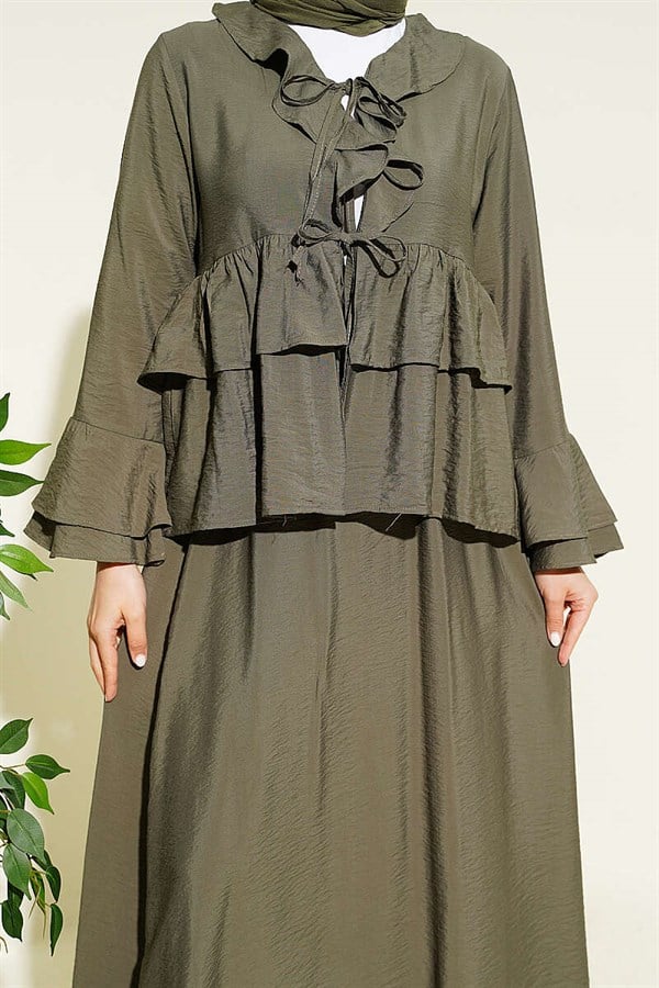 Front-tie, layered ruffled Skirt 2 Piece Set in khaki.
