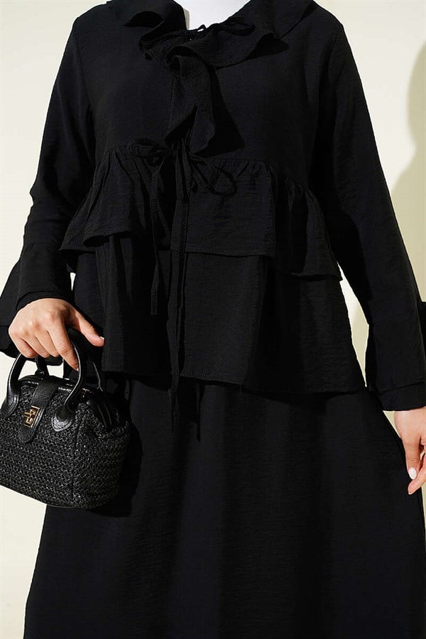 Front-tie, layered ruffled Skirt 2 Piece Set, black.