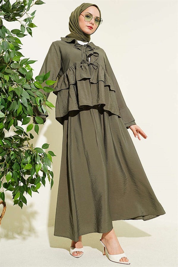 Front-tie, layered ruffled Skirt 2 Piece Set in khaki.