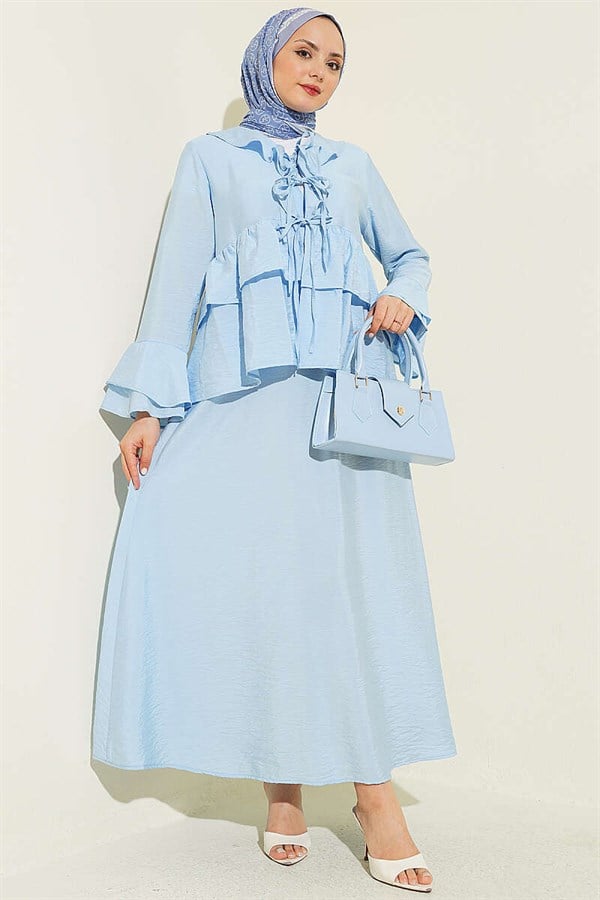 Front-tie, layered ruffled Skirt 2 Piece Set, baby blue.