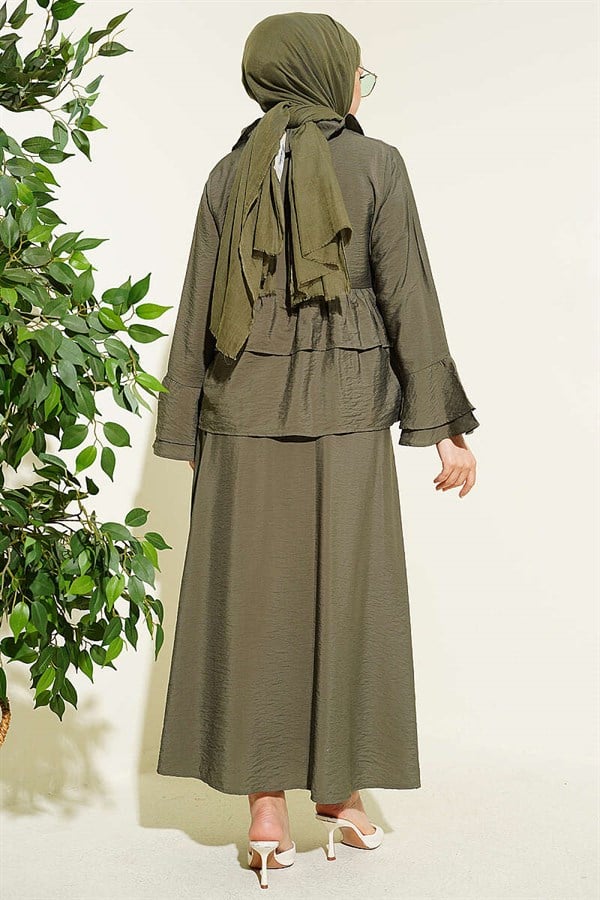 Front-tie, layered ruffled Skirt 2 Piece Set in khaki.