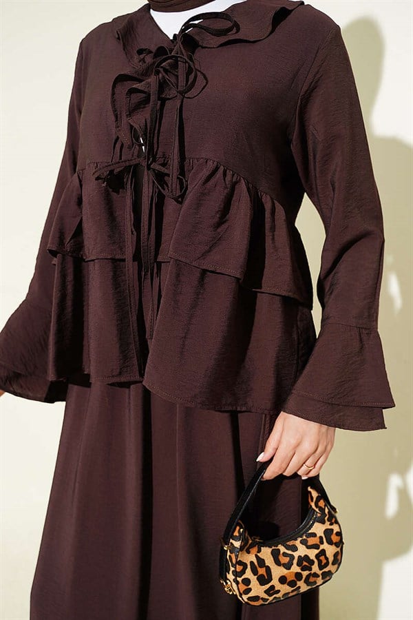 Front-tie, layered ruffled Skirt 2 Piece Set in dark brown.