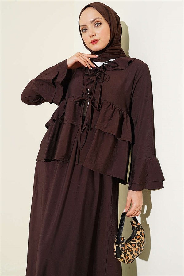 Front-tie, layered ruffled Skirt 2 Piece Set in dark brown.