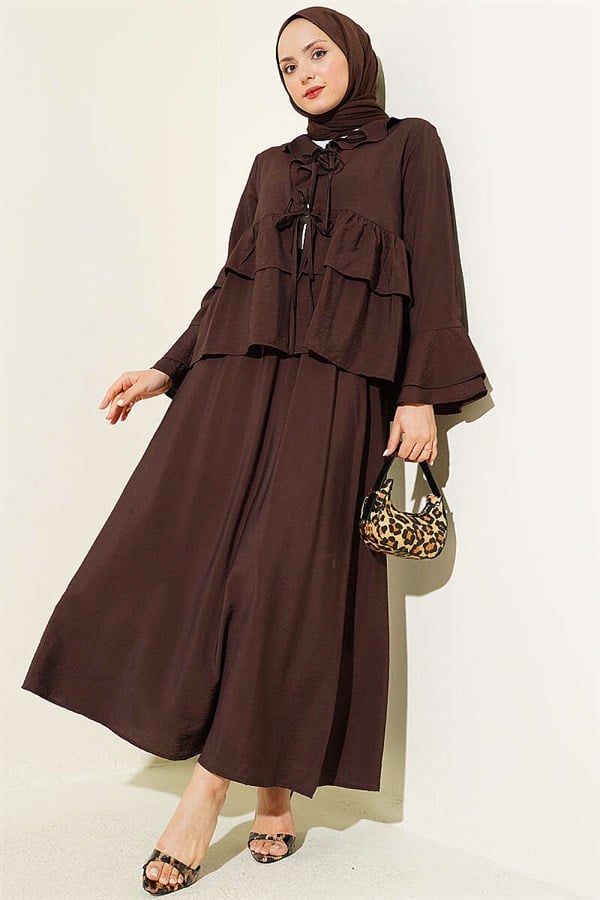 Front-tie, layered ruffled Skirt 2 Piece Set in dark brown.
