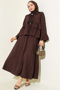 Front-tie, layered ruffled Skirt 2 Piece Set in dark brown.