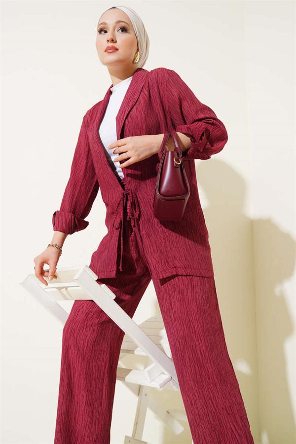 Double Breasted 2 Piece Set with Front Tie, Burgundy