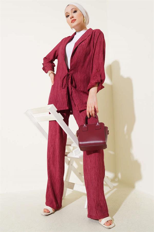 Double Breasted 2 Piece Set with Front Tie, Burgundy