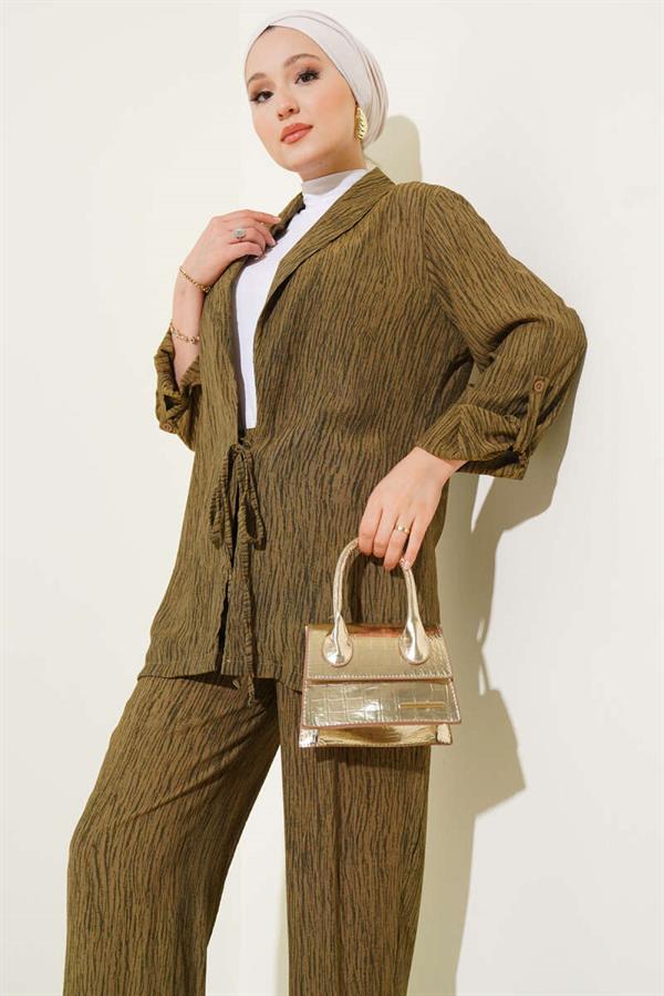Double Breasted 2 Piece Set with Front Tie Khaki