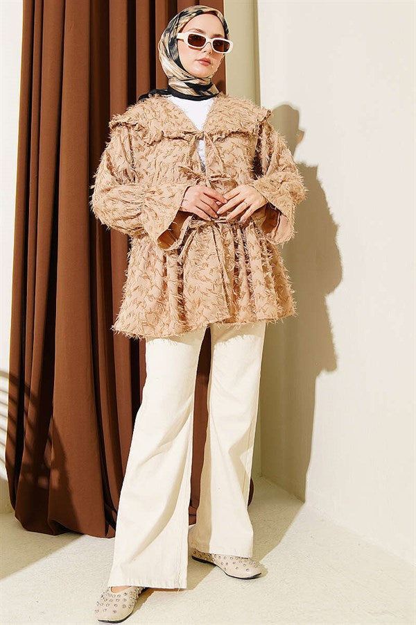 Beige Kimono with Tie-Front and Tassels
