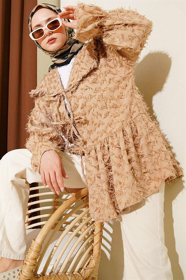 Beige Kimono with Tie-Front and Tassels