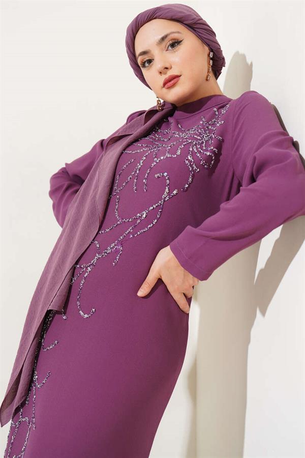 Plus Size Dress with Stones on the Front, Magenta