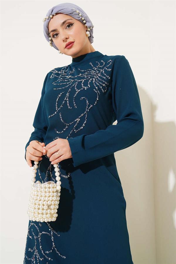 Plus Size Dress with Stones on the Front, Petrol