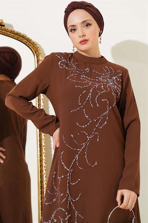 Plus Size Dress with Stones on the Front, Tan