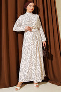 Polka Dot Dress with Gathered Front Detail, Beige